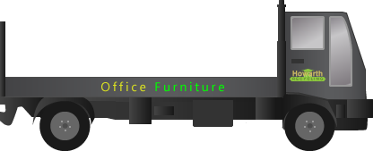 howarths office furniture clearing vehicle complete with office furniture on the side in green and yellow on a medium grey large vehicle