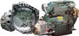 illustrated side of front views of a car engine and gearbox